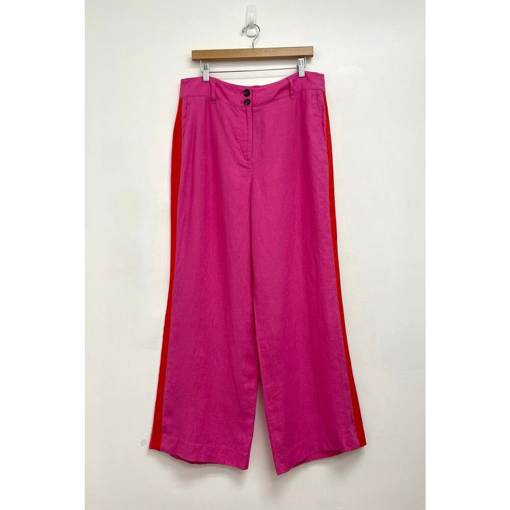 Boden Westbourne 100% Linen Wide Leg Pop Pansy Red Tuxedo Stripe Trousers 12R - Picture 3 of 11